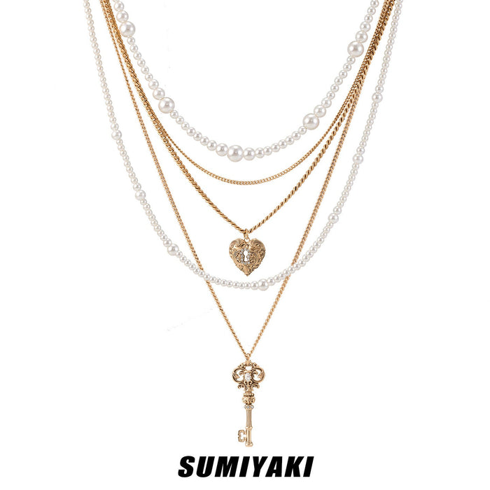 SUMIYAKI Love Lock Collection Layered Pearl Necklace – Detachable 3-in-1 Convertible Necklace, Vintage Romantic Statement Jewelry