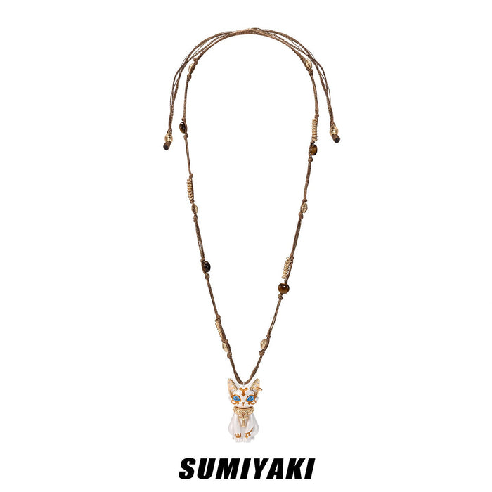 SUMIYAKI Sacred Eye Egyptian Cat Necklace – Natural Tiger Eye Stone Handmade Talisman Pendant
