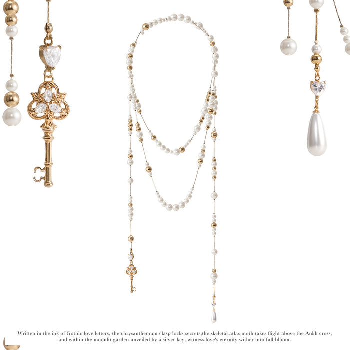 SUMIYAKI Love Lock Collection Necklace – Vintage Key Pendant, Teardrop Pearl Layered Long Necklace, Romantic Statement Jewelry