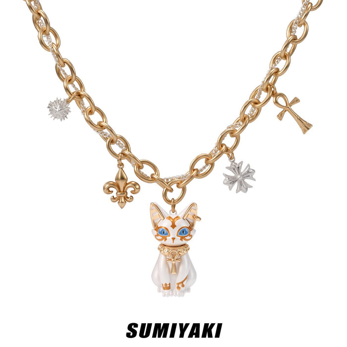 SUMIYAKI Sacred Eye Egyptian Cat Necklace – Ankh Cross Pendant, Mystical Vintage Egyptian Jewelry