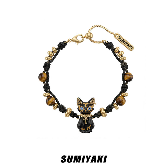 SUMIYAKI Sacred Eye Egyptian Cat Bracelet – Natural Tiger Eye Stone Handmade Beaded Talisman Bracelet