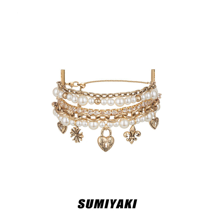 SUMIYAKI Love Lock Collection Bracelet – Pearl Heart Charm Layered Bracelet, Romantic Vintage Statement Jewelry