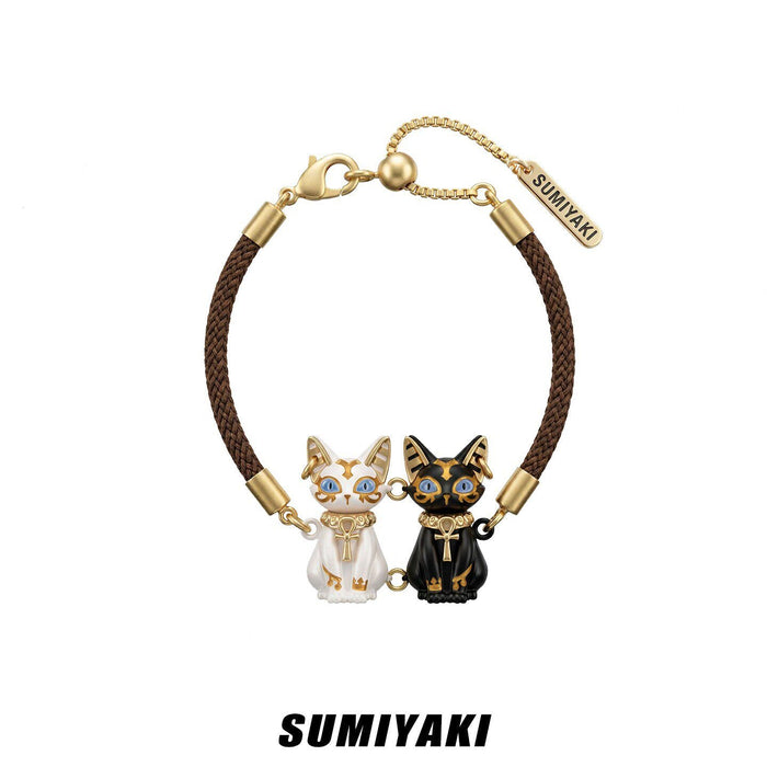 SUMIYAKI Sacred Eye Egyptian Cat Bracelet – Pharaoh Cat Charm, Black & White Braided Cord, Adjustable Talisman Jewelry