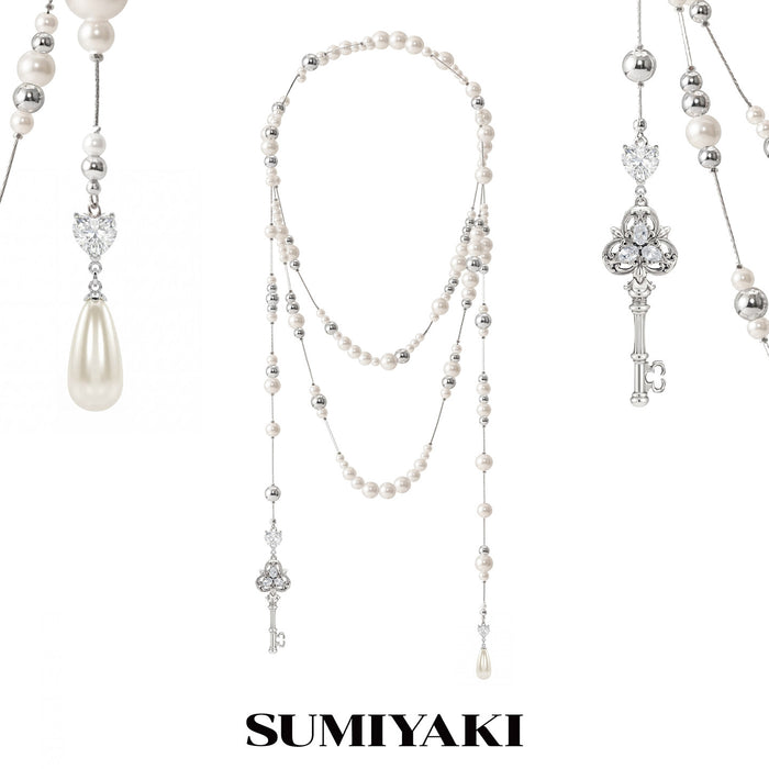 SUMIYAKI Love Lock Collection Necklace – Vintage Key Pendant, Teardrop Pearl Layered Long Necklace, Romantic Statement Jewelry