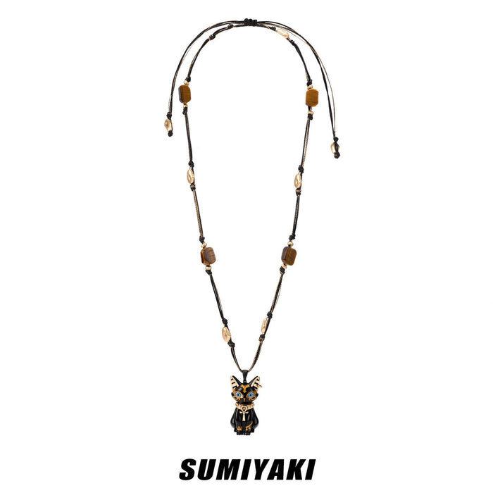 SUMIYAKI Sacred Eye Egyptian Cat Necklace – Natural Tiger Eye Stone Handmade Talisman Pendant