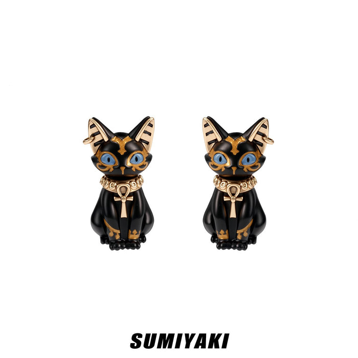 SUMIYAKI Sacred Eye Egyptian Cat Earrings – Vintage Black Egyptian Cat Design, S925 Sterling Silver Studs