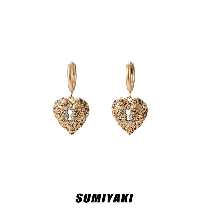 SUMIYAKI Love Lock Collection Asymmetrical Key Earrings – Heart Charm Vintage Romantic Statement Jewelry