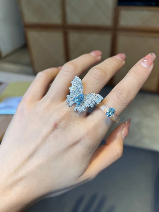 Natural blue topaz butterfly ring