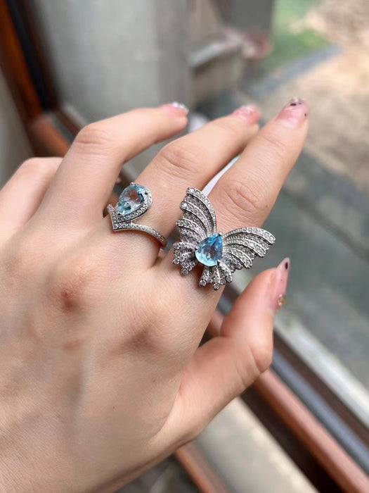 Natural blue topaz butterfly ring